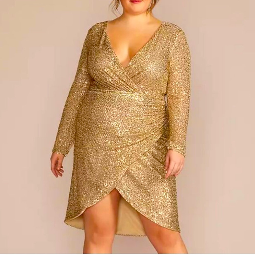 DB Studio For David’s Bridal Gold Sequin Asymmetrical Wrap Dress